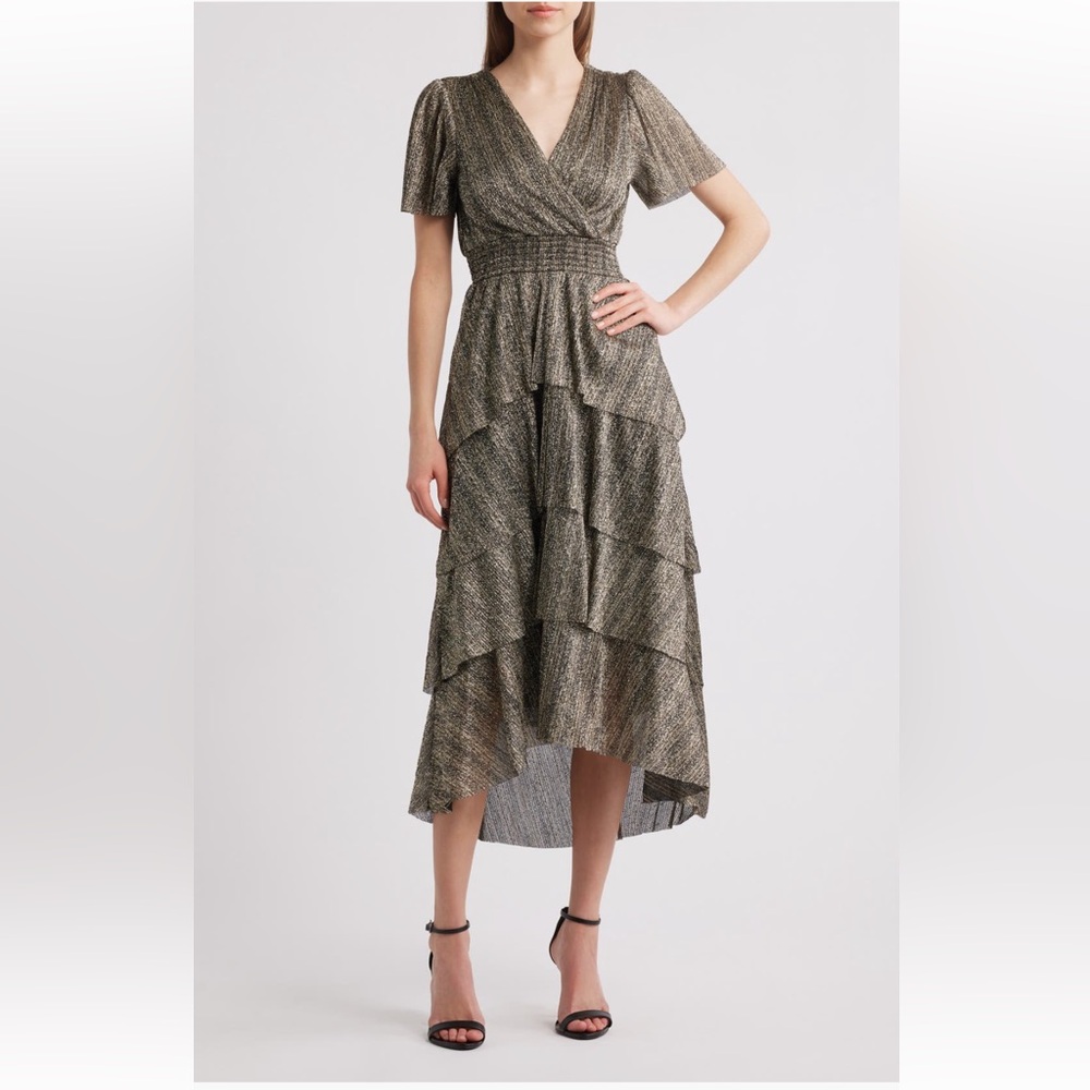 Vince Camuto Women’s Shine Smocked Waist Tiered Midi Dress